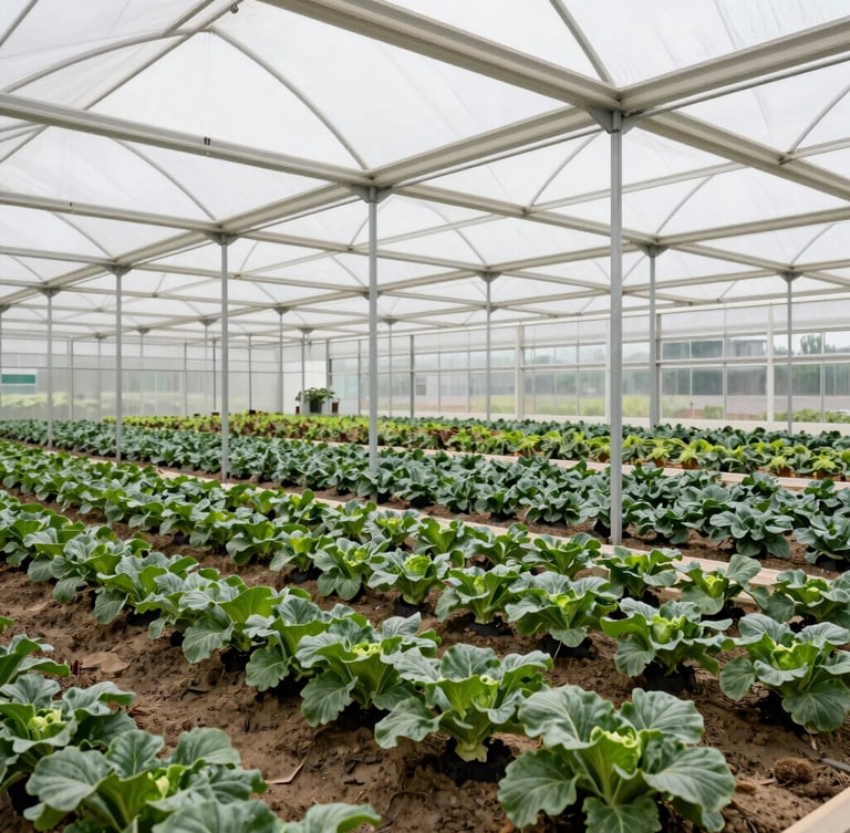 Wide environmental shot of a modern industrial greenhouse facility, bright overcast daylight, rows of commercial crops stretching into the background, realistic commercial agriculture