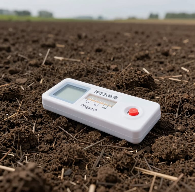 Close-up of a high-grade soil testing kit in a freshly tilled field, rich dark soil, morning overcast light, realistic commercial agriculture