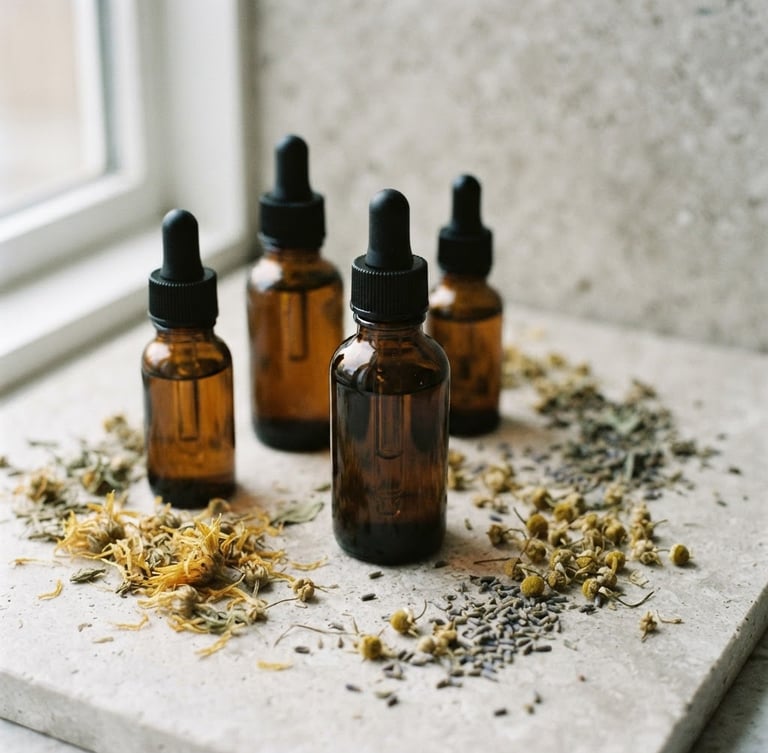 Clean amber glass dropper bottles, raw dried botanicals on a light stone surface, minimalist composition, soft natural daylight, 35mm lens