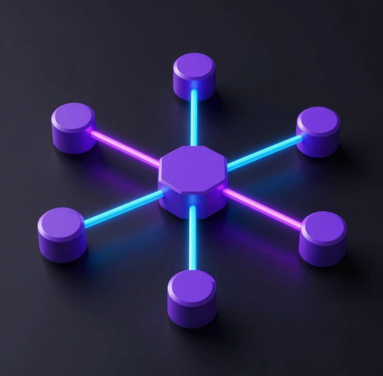 Isometric 3D render of a node-based system architecture diagram, glowing violet and cyan connections on a deep black background.