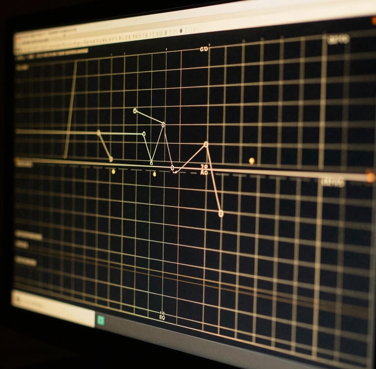 Extreme close-up of a high-performance computer monitor displaying complex GTO range charts in dark gold and black, soft focus on the mathematical grids, dramatic backlighting