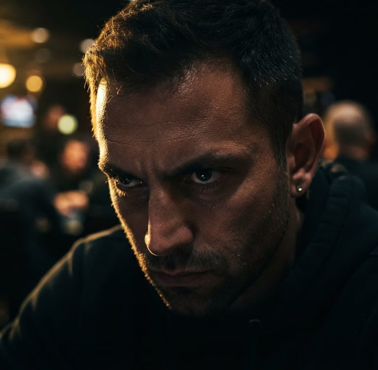 Extreme close-up of a professional poker player's eyes, focused, intense concentration, dramatic golden rim lighting, dark cinematic studio background, shallow depth of field