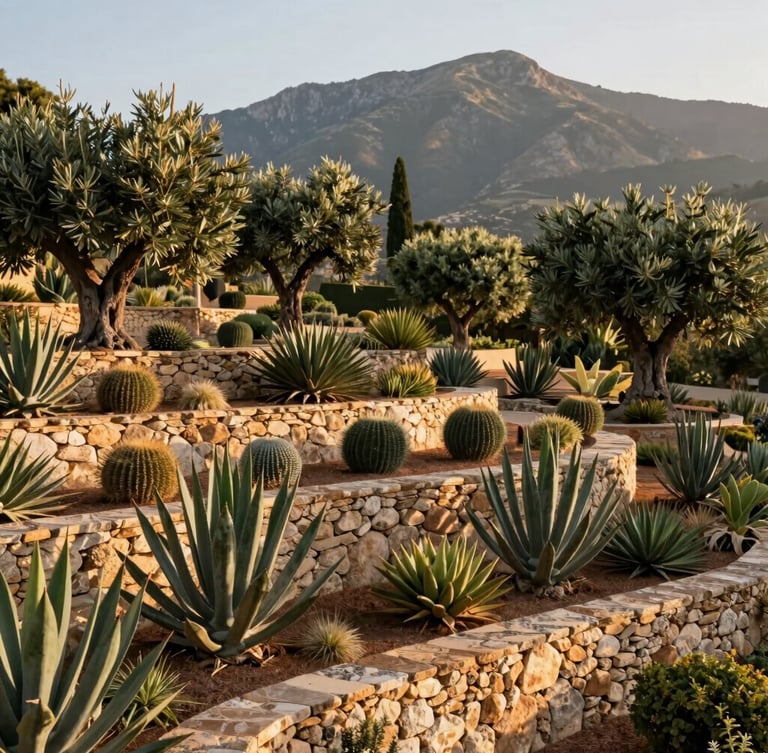 Wide shot of a sustainable luxury garden in Alaró, dry-stone terraces, sculptural agaves, ancient olive trees, mountain background, golden hour, 35mm