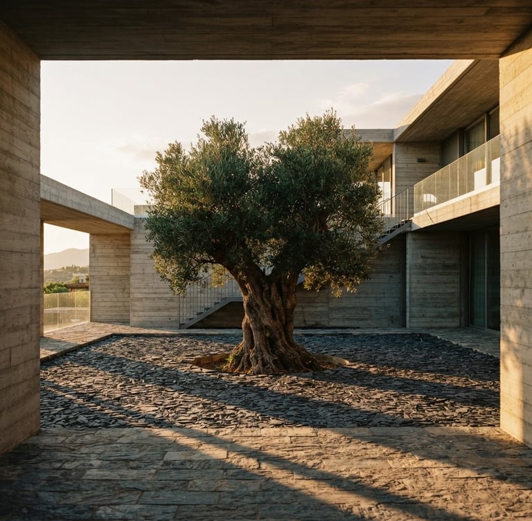 Wide environmental shot of an ancient olive tree integrated into raw concrete architecture, golden-hour sunlight casting long shadows on slate gravel, warm editorial photography, 35mm