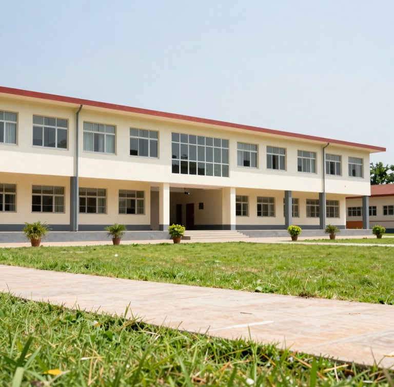 Bright editorial school photography of a modern school campus building in Pratapgarh under clear daylight, neat pathway, lush green lawns in the foreground.