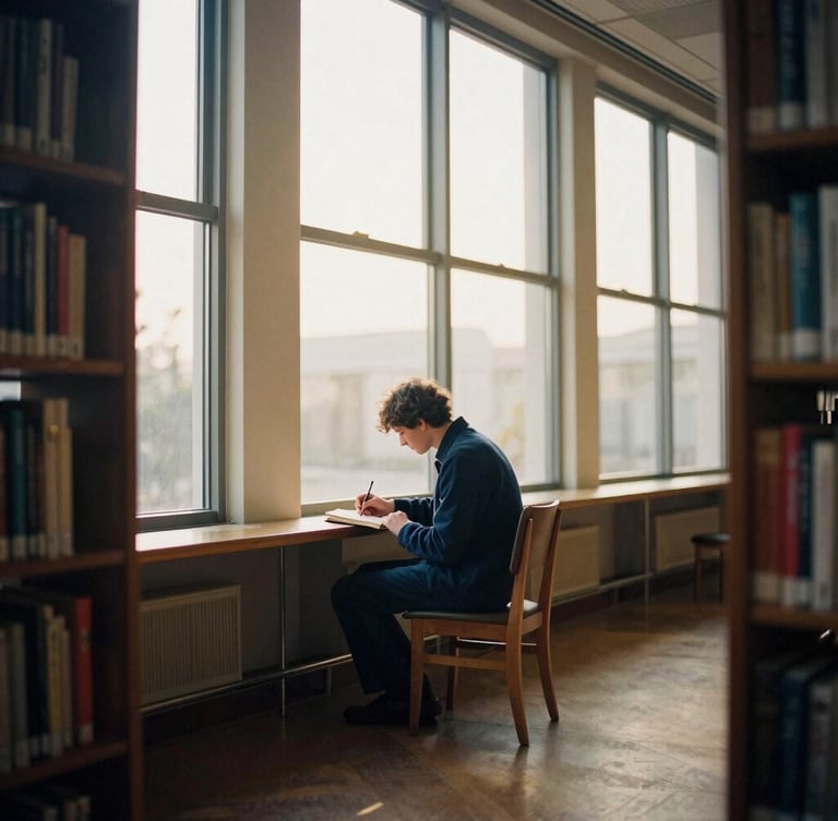 Wide environmental portrait of a writer taking notes in a quiet library with large windows, soft golden-hour light casting long shadows, 35mm film grain.
