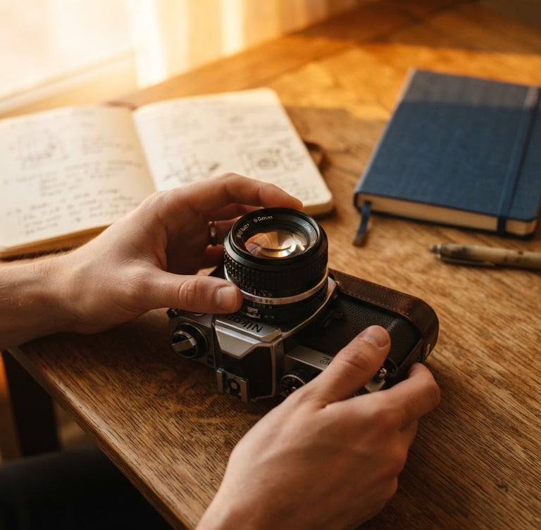 A close-up of hands adjusting a vintage 35mm film camera lens on a wooden desk with a notebook nearby, soft golden-hour window light, warm shadows.