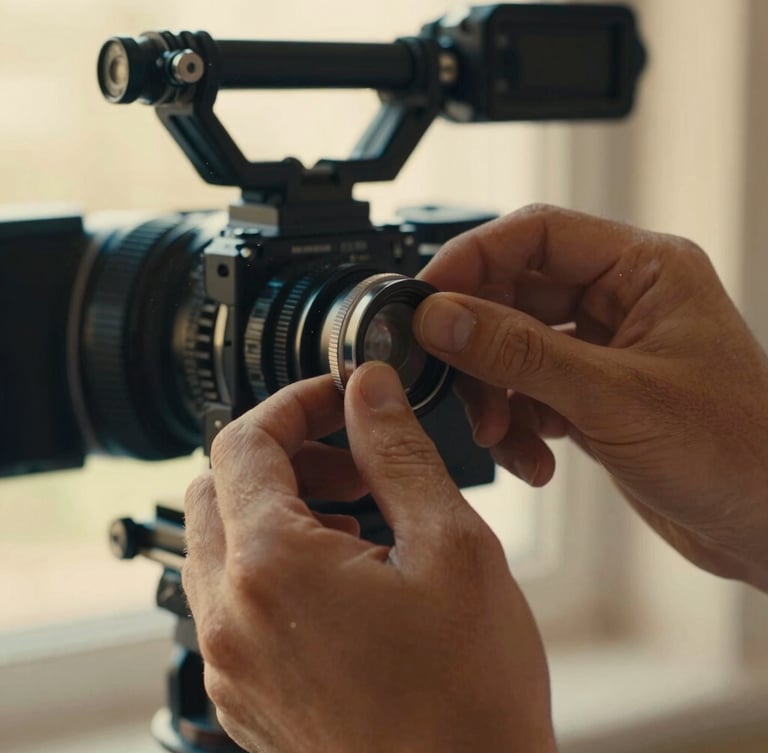 Intimate close-up of hands adjusting a manual focus ring on a high-end cinema camera, warm golden-hour side lighting, shallow depth of field, tactile textures of metal and dust particles.