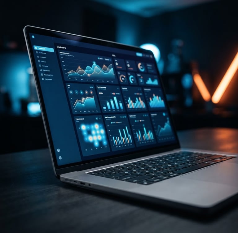 Sleek, modern website design mockup on a high-resolution laptop screen, displaying analytics dashboard, cool blue studio lighting with warm orange neon accents, sharp focus, modern editorial aesthetic, 50mm, viewed from the left side bleeding into the canvas edge.