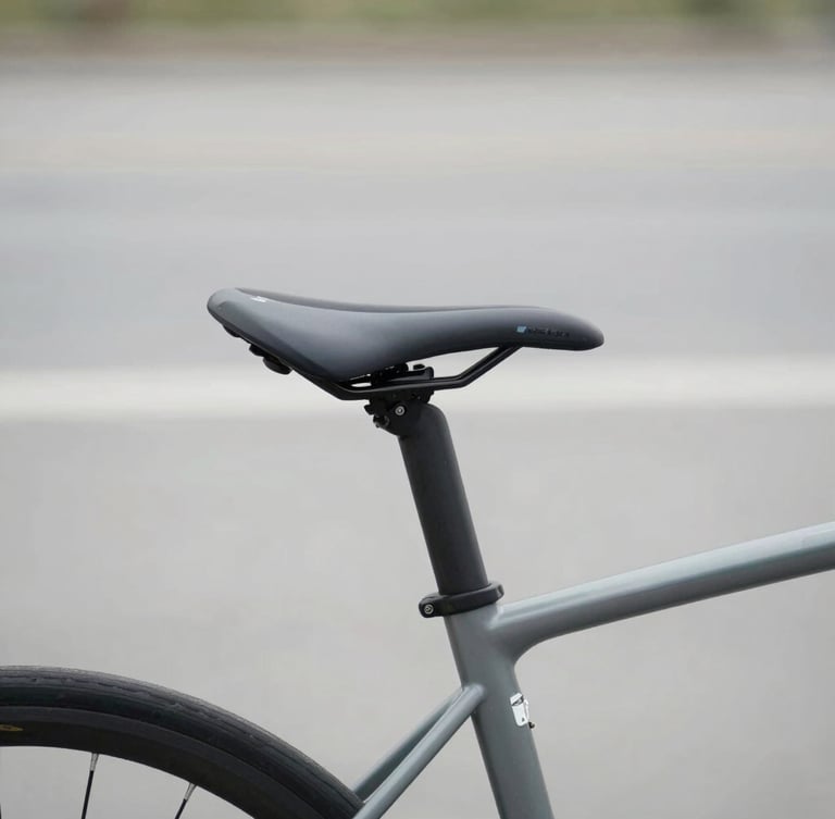 Eye-level medium shot of a modern commuter bicycle detail showing a sleek RealSeat saddle, soft natural overcast daylight, desaturated slate tones, 50mm