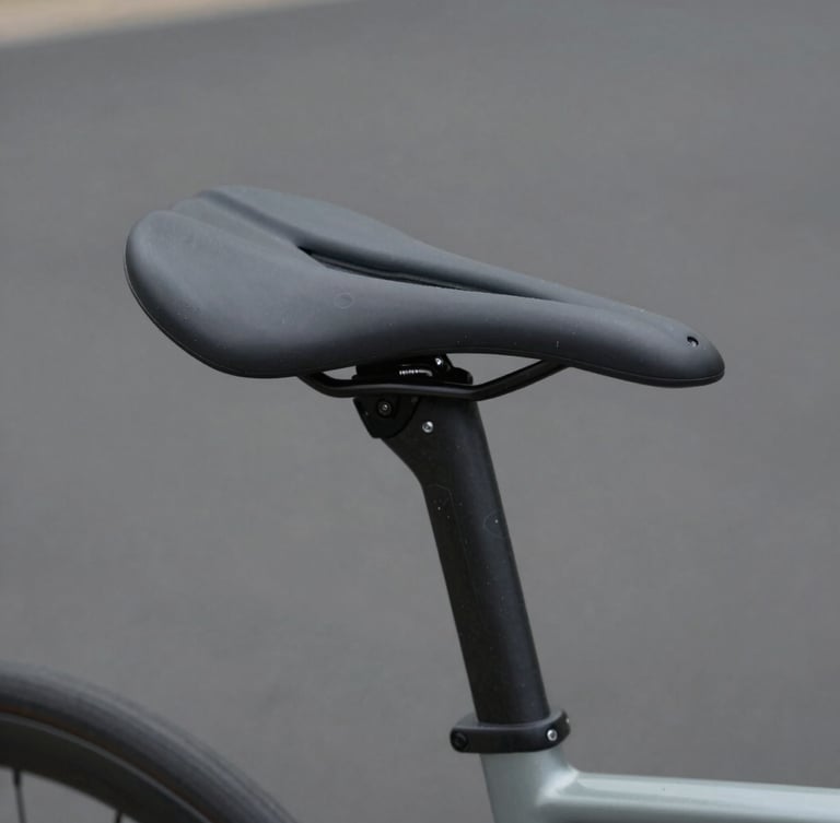 Macro technical close-up of a bicycle saddle profile showing clean ergonomic curves, soft natural light, minimalist slate background