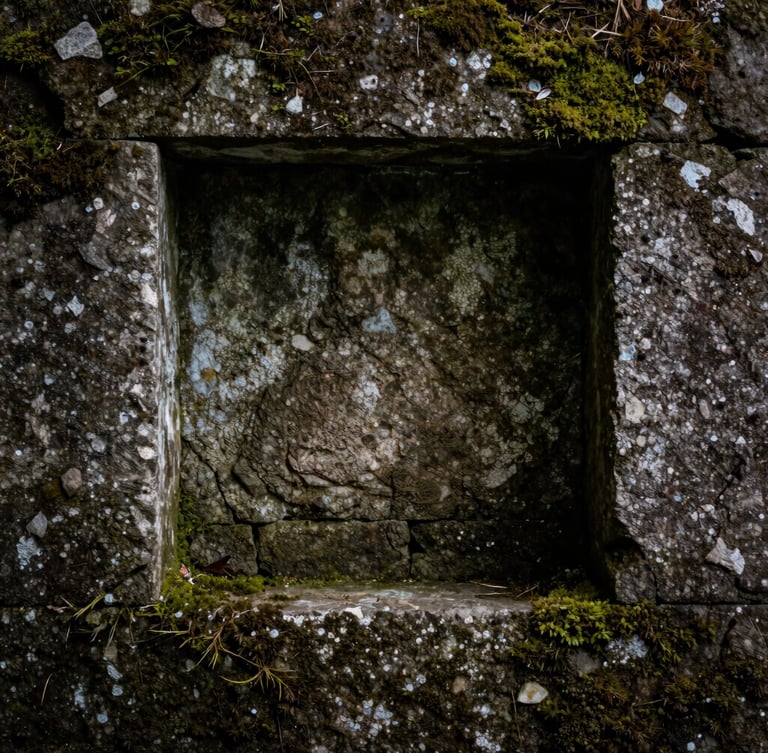Extreme close-up framing, weathered stone texture against dark moss in a remote sanctuary, heavy shadows, moody natural light, off-center composition.