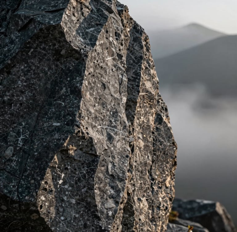 Extreme close-up of raw, hand-carved basalt stone textures, dramatic low-key side lighting casting heavy shadows, wisps of mountain mist in the background.