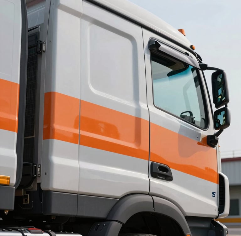 Close-up of industrial freight truck cabin in profile, sharp safety orange branding, clean metallic finish, cool morning light.