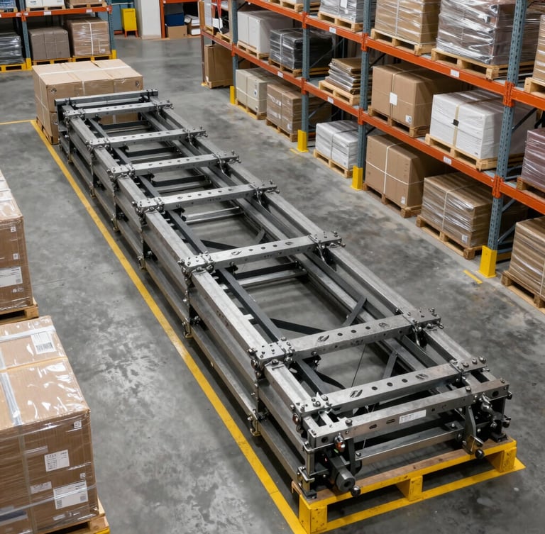 High-angle crisp daylight shot of a modern, organized logistics warehouse with heavy-duty cargo strapping and yellow safety lines