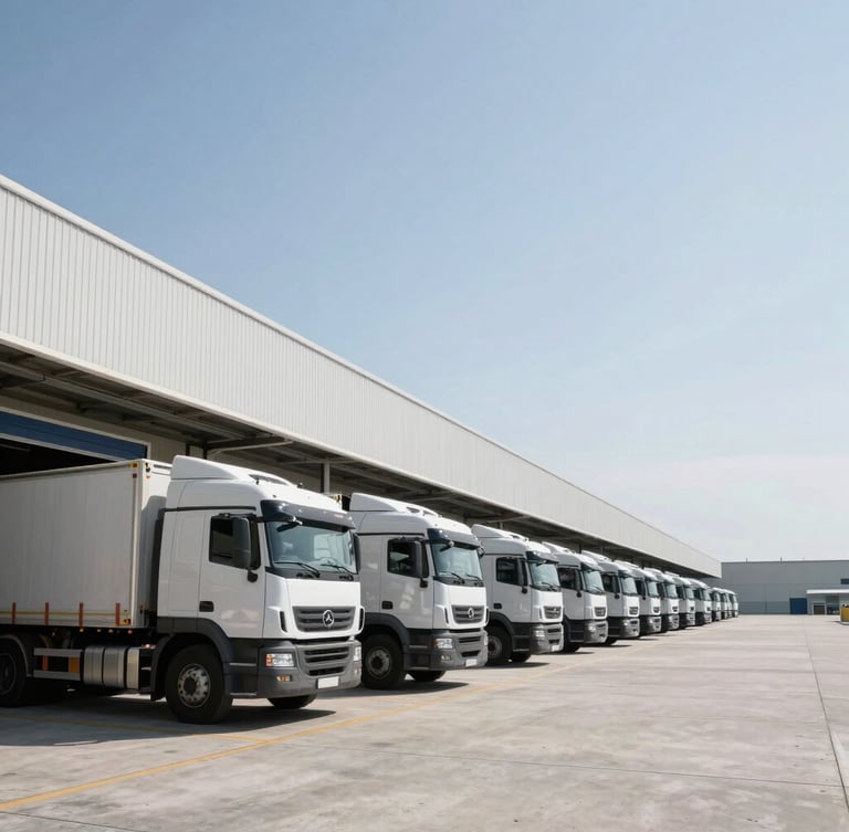 Wide-angle crisp daylight shot of a modern logistics terminal, heavy-duty cargo trucks aligned perfectly at concrete loading docks, sharp shadows, negative space on the right.