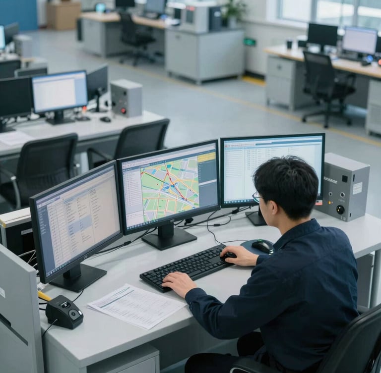 High-angle shot of a technical logistics dispatch center in cool, crisp daylight. A dispatcher is actively working at a multi-screen terminal showing transit logs and maps. Clean, high-precision industrial environment.