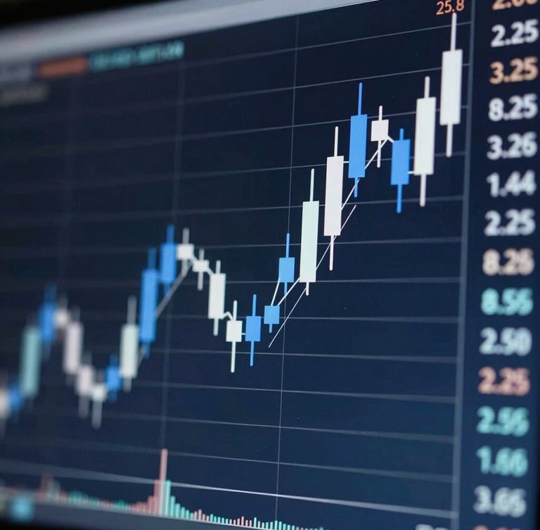 Tela de trading com gráficos de candlesticks azuis e brancos, reflexos de luz fria, close-up em dados financeiros limpos, com profundidade de campo suave.