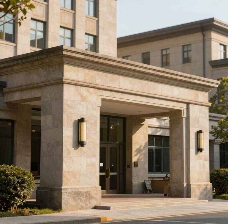 Warm editorial photography of a modern medical university campus entrance with classical stone architecture, soft natural daylight, shallow depth of field, 35mm