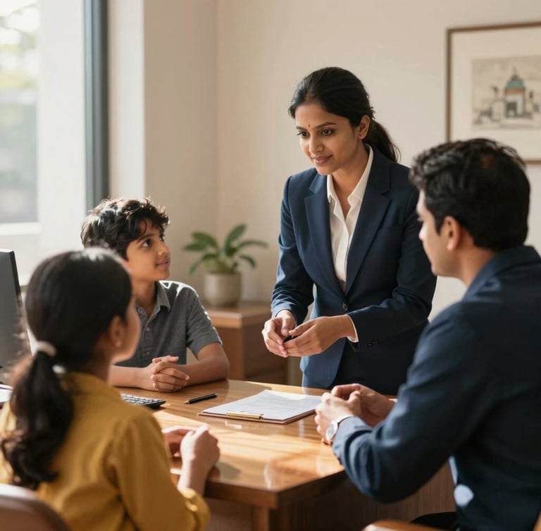 A warm environmental photograph of a professional advisor guiding a supportive Indian family in a refined office, soft daylight reflecting off warm wood and navy accents, shallow depth of field, 35mm
