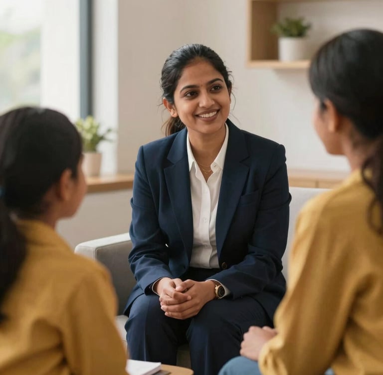 A friendly, professional Indian counselor speaking with a student and her parents in a warm, modern office setting, soft lighting