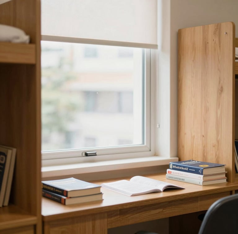 A bright, clean premium hostel room interior with a large window, study desk with medical books, and warm wooden accents, soft daylight