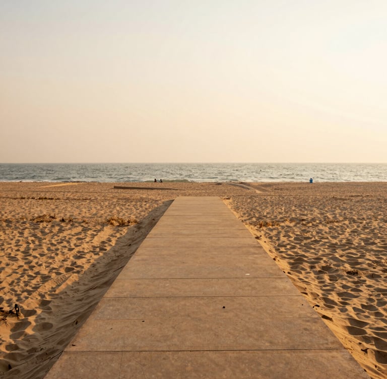 A serene pathway leading from the resort directly onto the sandy beach of Puri, warm golden-hour coastal light, 35mm lens