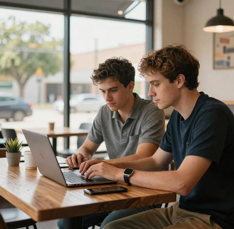 Two young professional male web designers, Jack and Ethan, working on a laptop at a wooden table in a bright Clear Lake Houston coffee shop, natural Texas daylight, authentic look