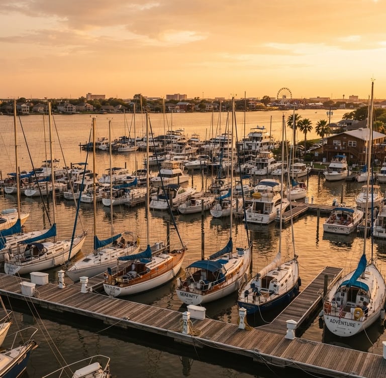 Wide environmental shot of boats moored in Clear Lake Houston at golden hour, warm Texas daylight, rich contrast, 35mm lens