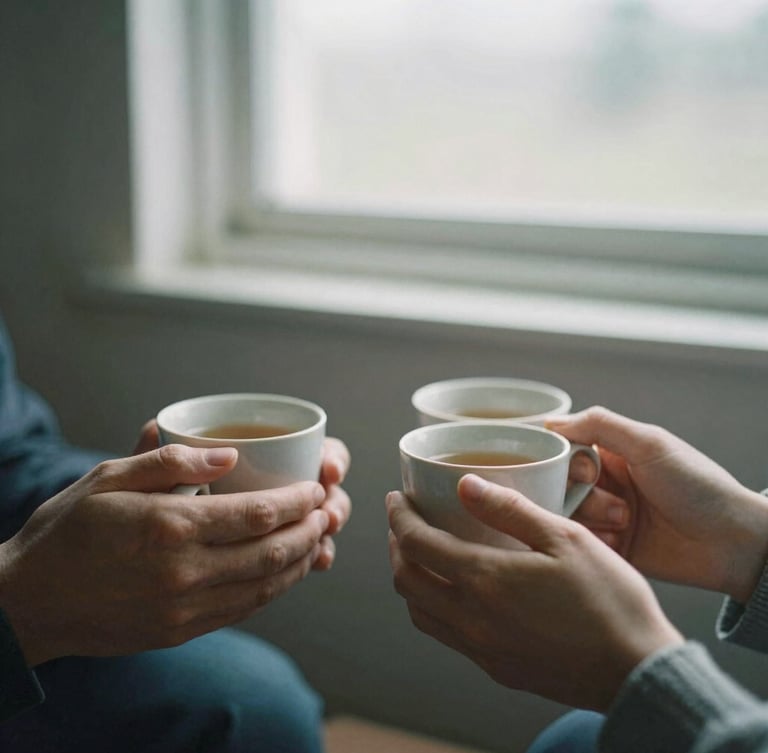 Hands holding warm ceramic mugs of tea in a softly lit, simple room, diffused overcast daylight, quiet atmosphere, 35mm film.