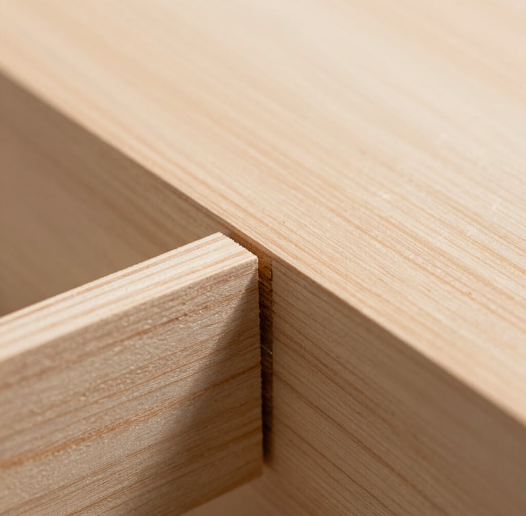 Macro shot of a clean, interlocking friction-fit joint in warm birch plywood, bright natural workshop daylight, high-contrast details, 50mm lens.
