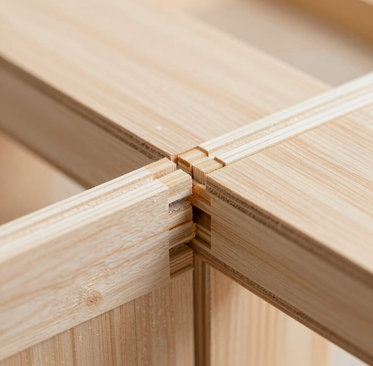 Macro close-up of interlocking friction-fit plywood joint, showing perfect engineered tolerances and clean CNC router paths, bright natural side-lighting