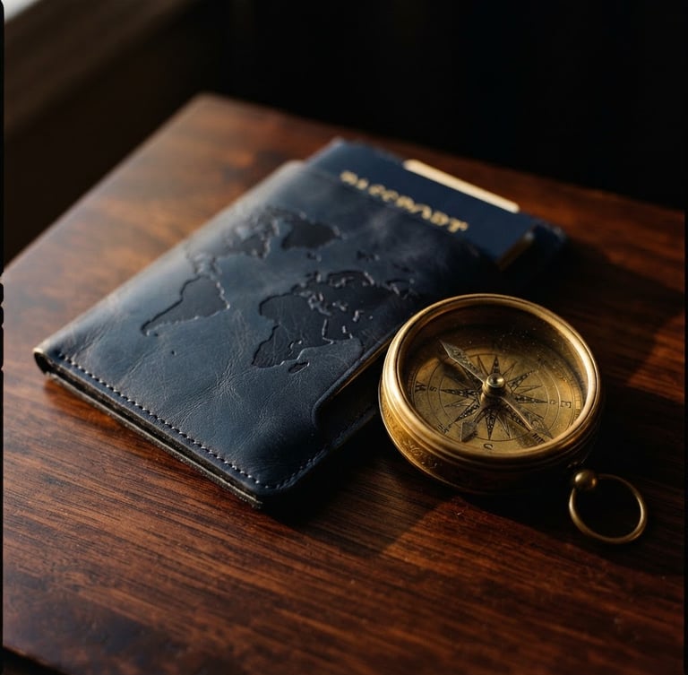 Extreme close-up of a luxury leather passport holder and vintage gold compass on a dark mahogany table, warm dramatic golden hour light, shallow depth of field