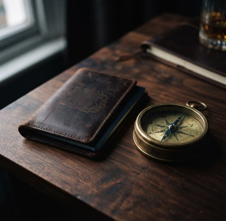 Close-up of a premium leather passport holder and a vintage gold compass resting on a dark walnut table, moody twilight lighting, high contrast, cinematic editorial photography.