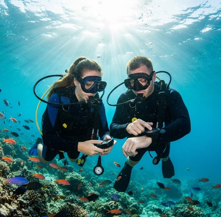 A close-up shot of two divers checking pressure gauges together on a sunlit boat deck, turquoise ocean background, bright tropical daylight.