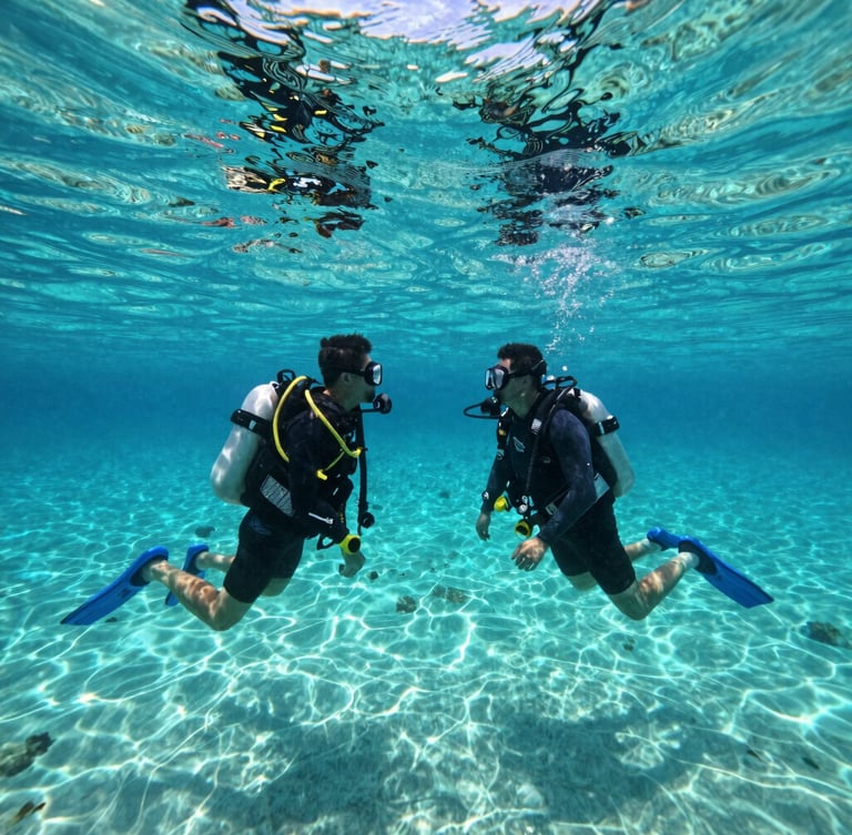 A calm face-to-face scuba instruction session in shallow turquoise water, sun rays filtering down, clear visibility.