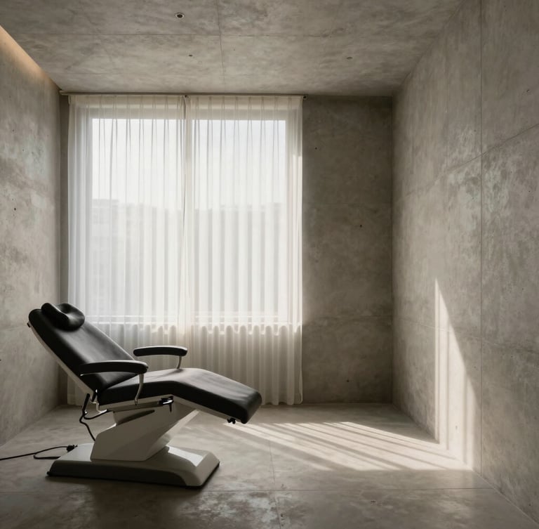 Sleek architectural medical spa treatment room with soft daylight filtering through sheer curtains, minimalist concrete walls, and a premium treatment chair on the left third, generous negative space.