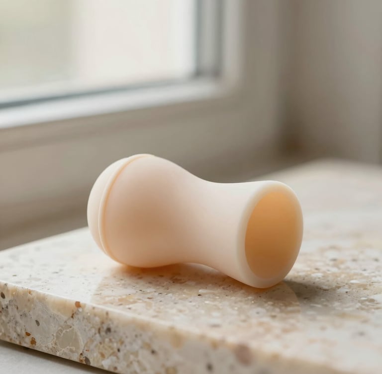 Macro close-up of a sleek, matte sculptural object made of medical-grade silicone resting on a slab of raw travertine stone, soft morning window light, warm champagne tones, 35mm photography