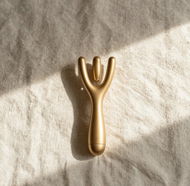 Minimalist flat-lay of a gold-plated luxury intimate massager resting on heavy textured linen fabric, soft morning shadows, elegant warm tones
