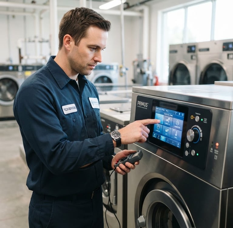 A professional technician in a clean uniform analyzing a modern digital washer control panel, bright neutral indoor daylight, crisp commercial photography, 35mm lens.