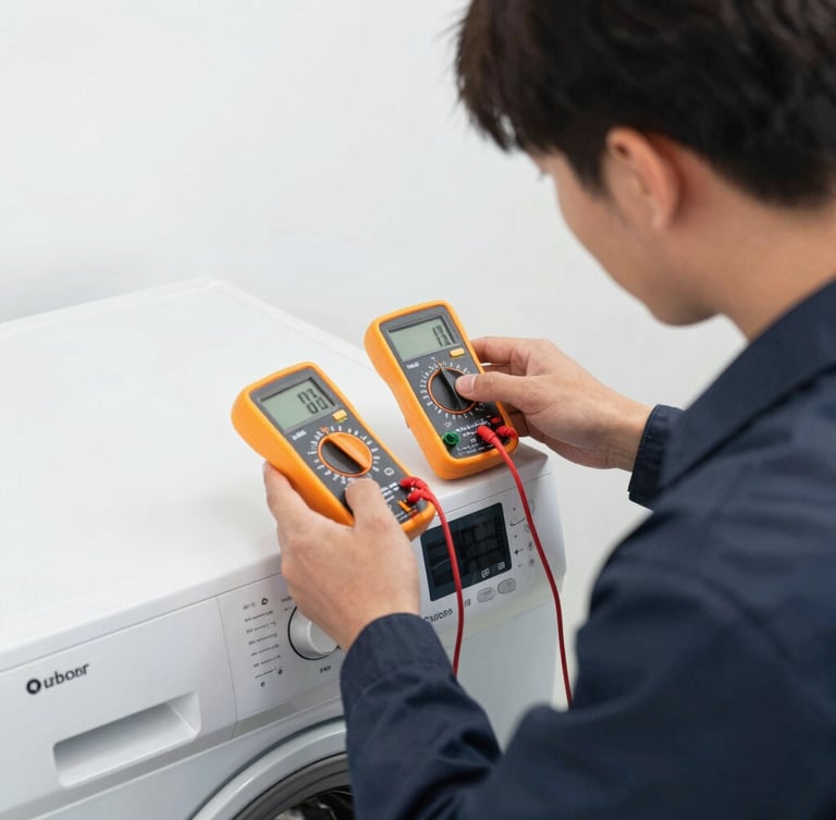 A professional technician in a clean dark uniform testing a modern washing machine electronic control board with a digital multimeter, bright neutral utility lighting, close-up shot.