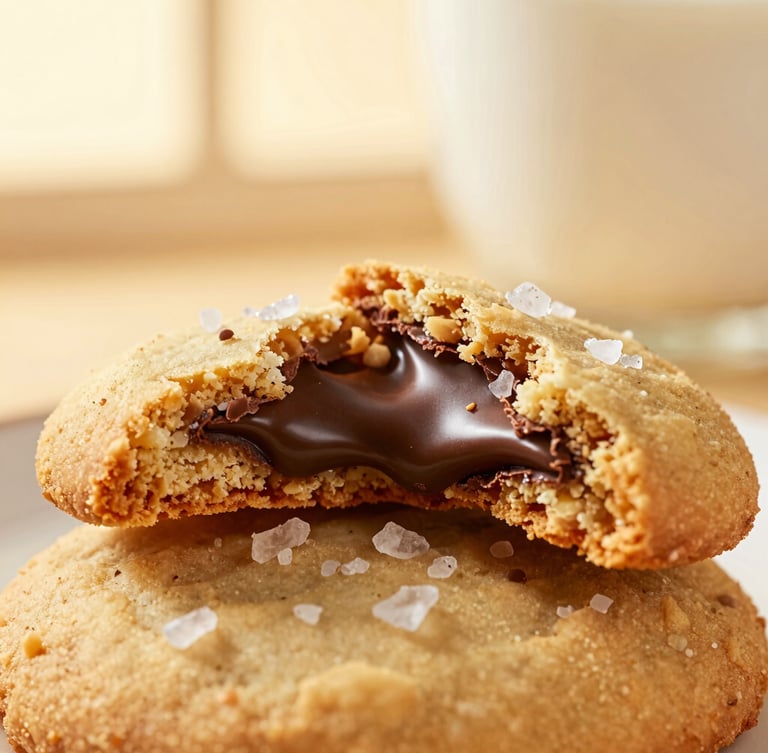 Macro split-shot of a warm cookie broken in half, showing a molten dark chocolate center and flaky sea salt, soft golden hour side lighting