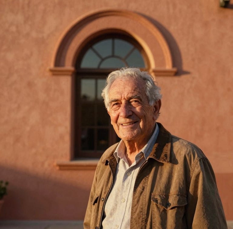 Candid environmental portrait of an elderly local historian smiling, warm late-afternoon golden hour light coming through a Spanish arched window in the background