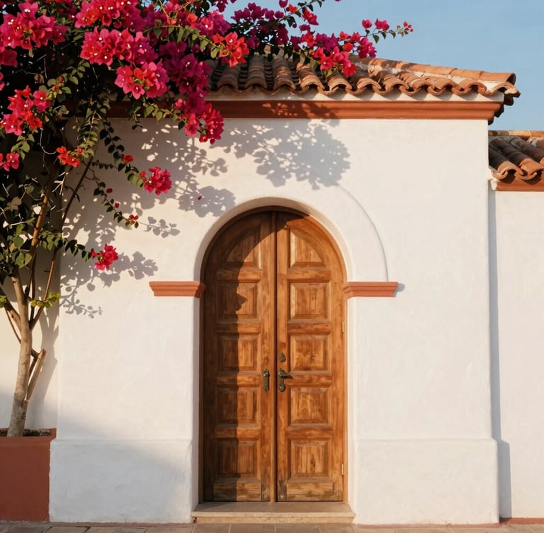 Straight-on architectural elevation of a white stucco archway with a hand-carved wooden door, framed by vibrant bougainvillea under bright afternoon coastal sunlight.