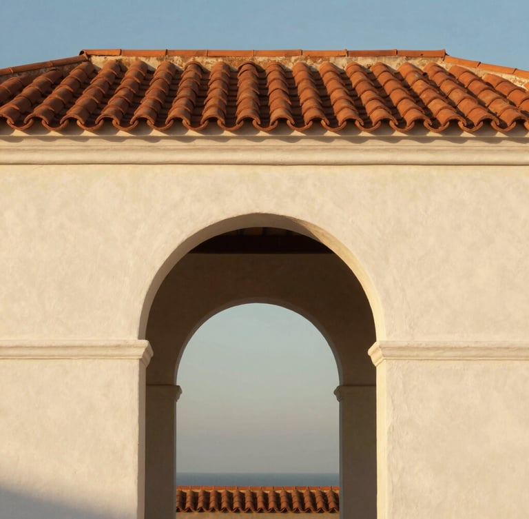 Straight-on architectural crop of a classic white stucco archway framing a terracotta tiled roof, warm late-afternoon golden hour coastal light, high-contrast shadows.