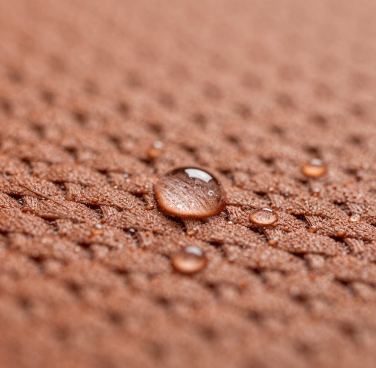 Extreme close-up macro shot of stain-repelling fibers after a liquid resistance test, water droplets beading perfectly on a terracotta woven surface, sharp focus, 50mm