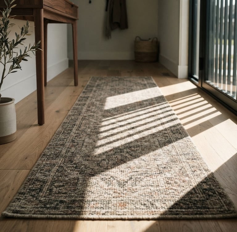 Low-angle floor-level shot of a clean, modern entryway with a high-contrast split shadow, showing a textured, low-pile stain-resistant runner rug, natural side-lighting, muted earth tones, 50mm.