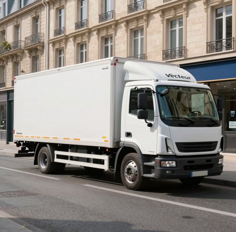 Wide cinematic shot of a clean, modern Vecteur Déménagement truck parked on a quiet Parisian street in bright morning daylight, sharp focus, 35mm lens.