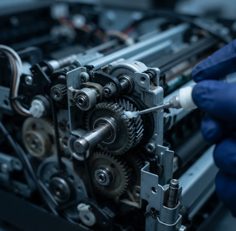 Close-up of a high-end laser printer internal gear assembly being carefully lubricated with technical grease, sharp focus, cool workshop lighting, macro photography