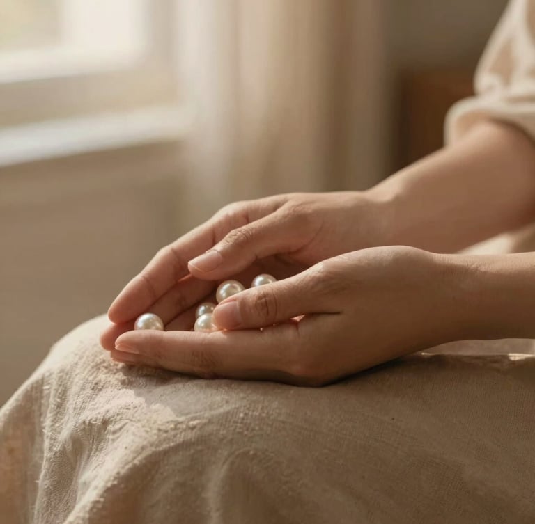 Hands in a gentle resting position on a soft linen fabric, warm diffused golden hour light, earthy sand and pearl tones, shallow depth of field, 35mm